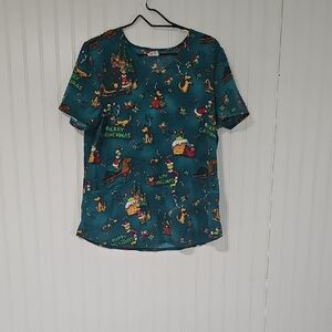 Dr. Seuss Teal Christmas Light Weight Scrub Top